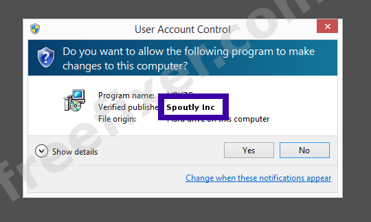 Screenshot where Spoutly Inc appears as the verified publisher in the UAC dialog